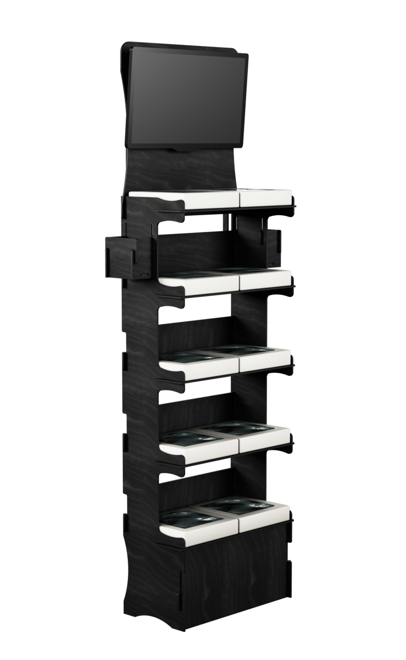 E276 customisable wooden shelf, top header with TV for advertising