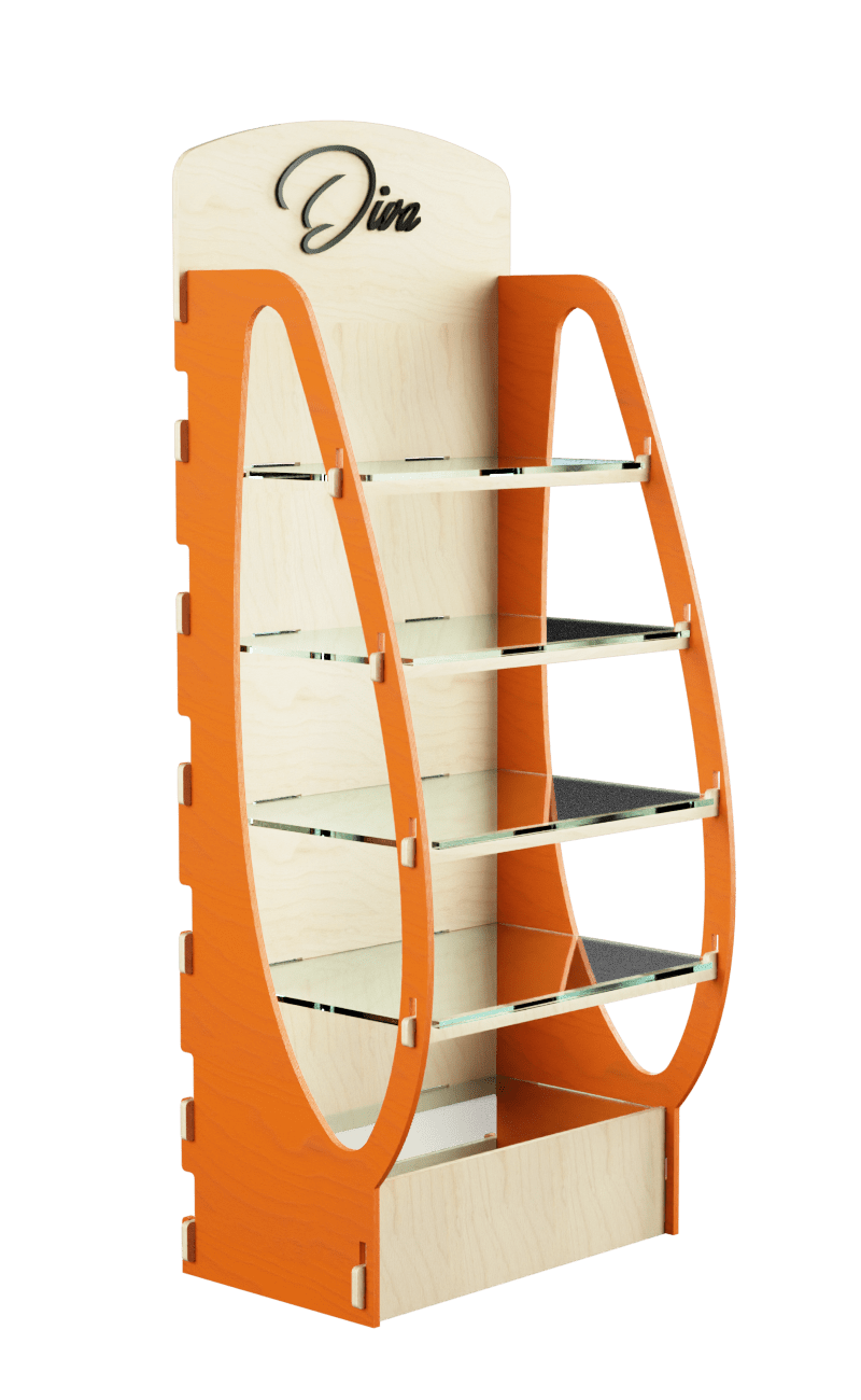 E257 display shelf for interlocking wooden products with plexiglass shelves