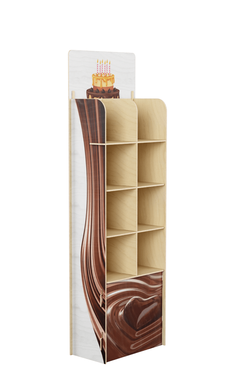 Interlocking wooden shelf with large promotional spaces with chocolate print in natural wood