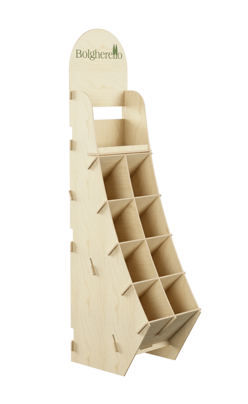 Wooden display stand with baskets that slope upwards and a display shelf.