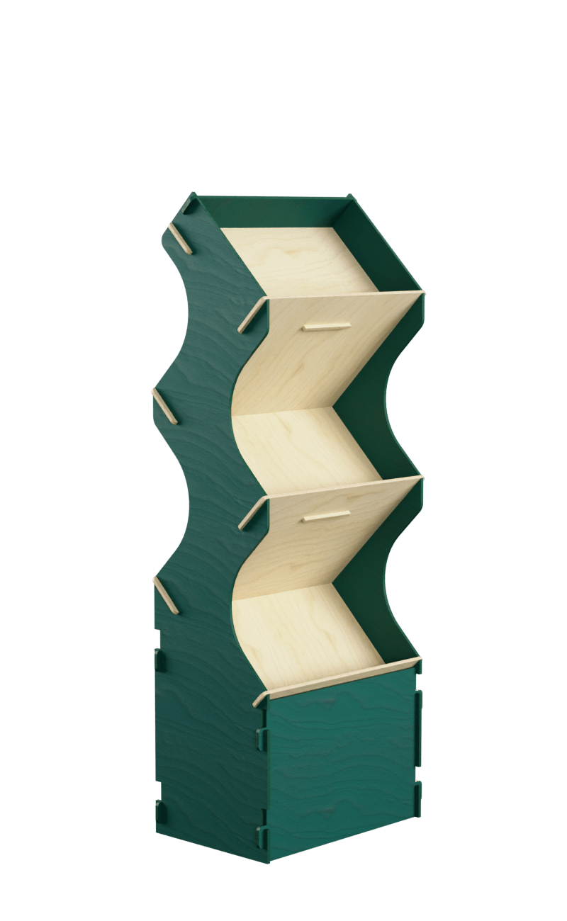 Interlocking cabinet with inclined shelves in natural colour; sides and base in forest green.