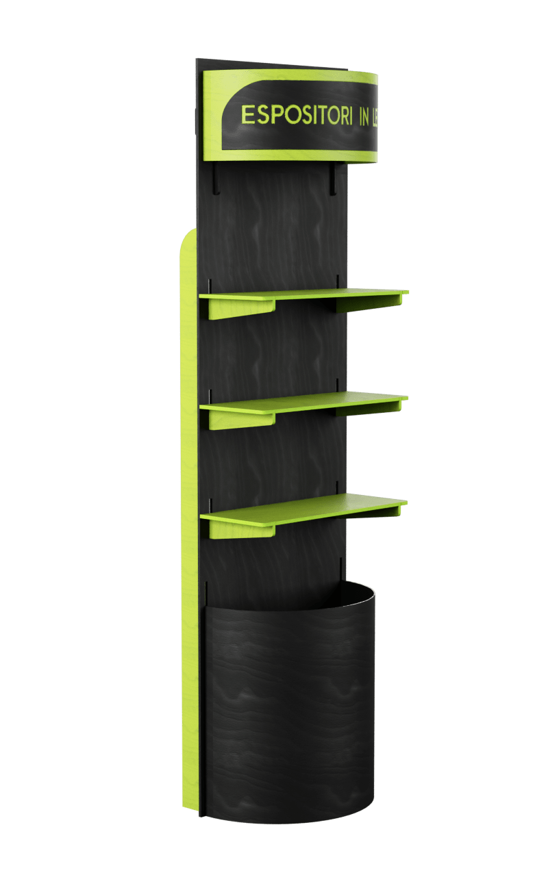 promotional shelf in green and black painted birch with curved forex top and base.