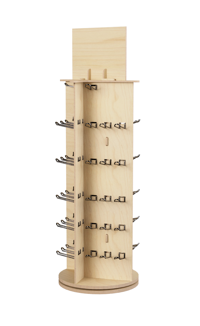 eb101 - Interlocking natural wood cabinet with round swivel base and hooks on four sides.