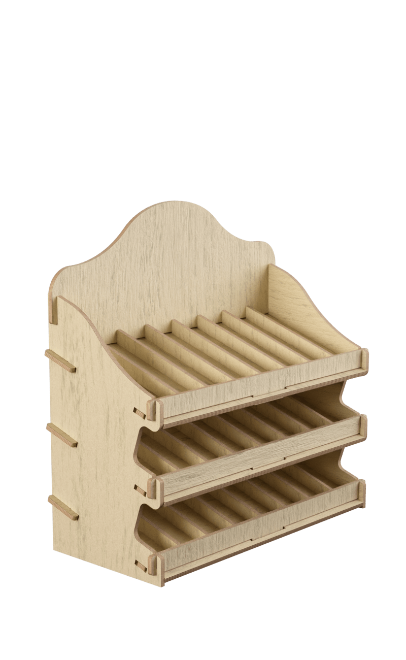 EB109 - Wooden counter display with slanted shelves and dividers