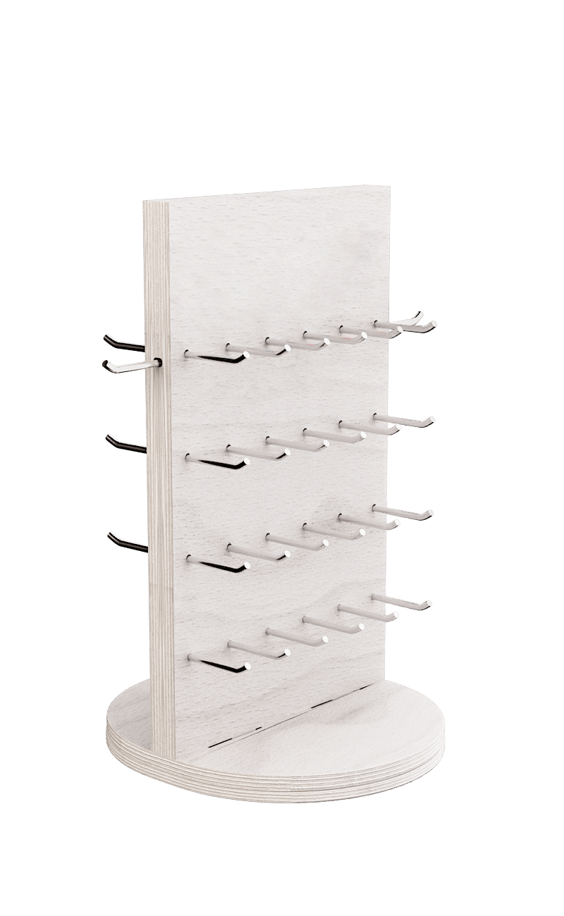 EB110 - Shelf with integrated hooks and swivel base. Painted white with print