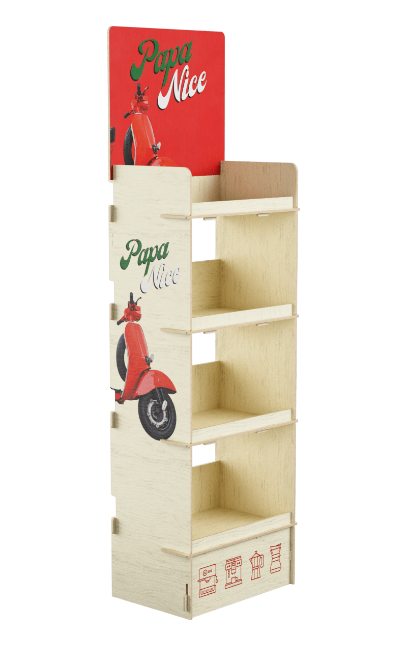 Vintage wooden display stand with red scooter graphics